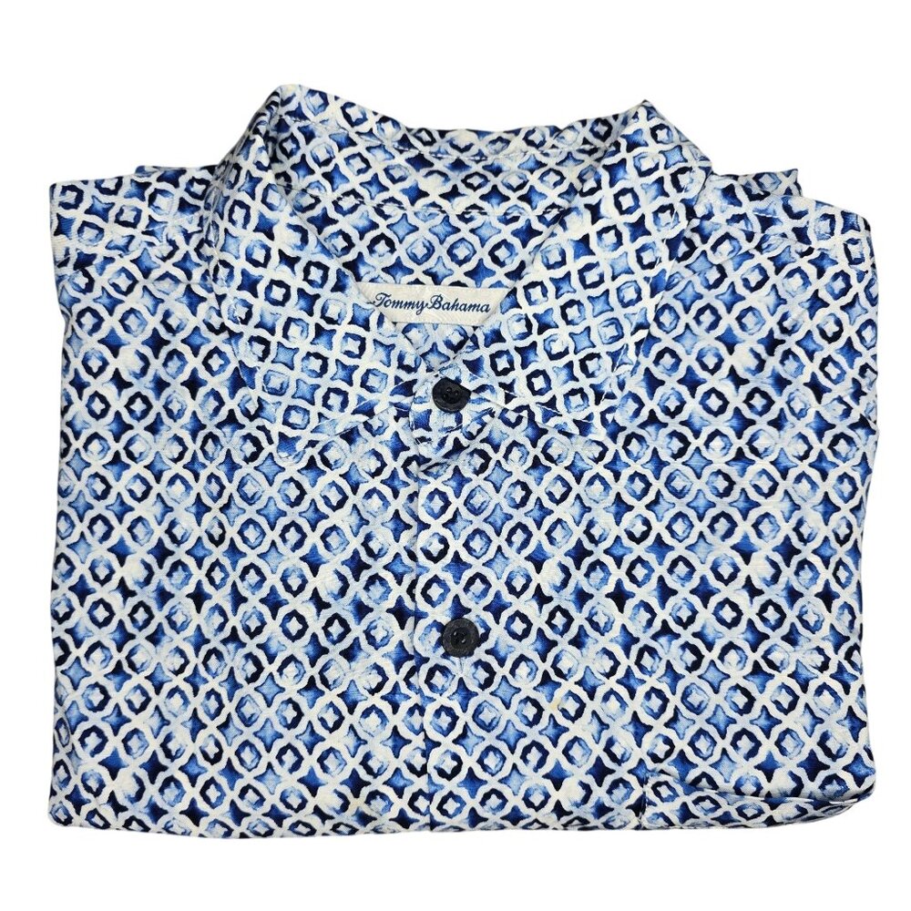 Tommy Bahama Tile Island Camp Shirt blue white Short Sleeve Button-Up Shirt L